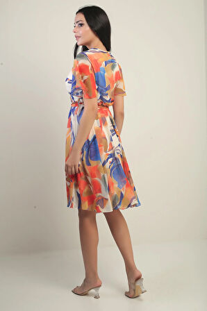 Kadın Kruvaze Yaka Beli Kuşaklı Astarlı Kardelen Şifon Elbise