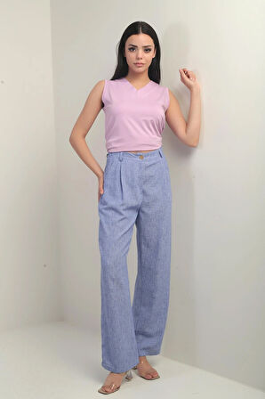 Kadın Beli Lastikli Cepli Pile Detaylı Palazzo Pantolon