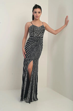 Kadın İp Askılı Flok Taş Baskılı Astarlı Tül Uzun Elbise