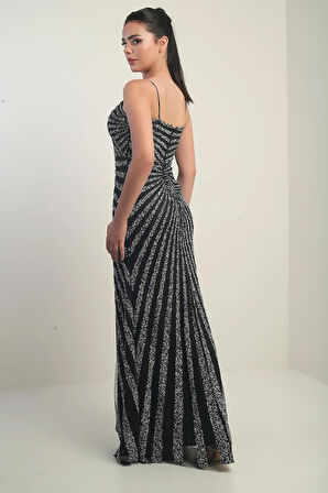 Kadın İp Askılı Flok Taş Baskılı Astarlı Tül Uzun Elbise