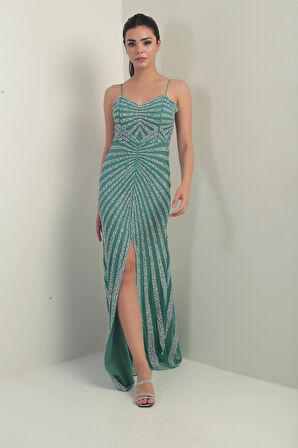 Kadın İp Askılı Flok Taş Baskılı Astarlı Tül Uzun Elbise