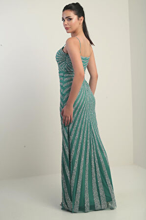 Kadın İp Askılı Flok Taş Baskılı Astarlı Tül Uzun Elbise