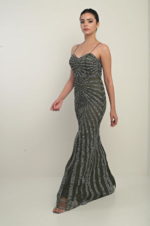 Kadın İp Askılı Flok Taş Baskılı Astarlı Tül Uzun Elbise