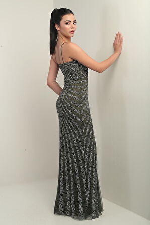 Kadın İp Askılı Flok Taş Baskılı Astarlı Tül Uzun Elbise