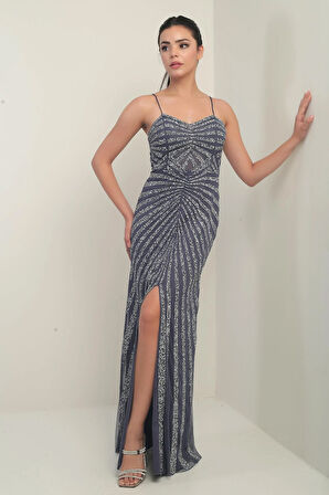 Kadın İp Askılı Flok Taş Baskılı Astarlı Tül Uzun Elbise