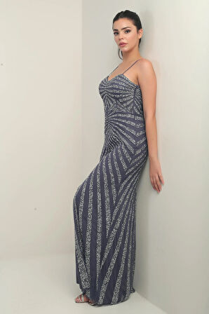 Kadın İp Askılı Flok Taş Baskılı Astarlı Tül Uzun Elbise