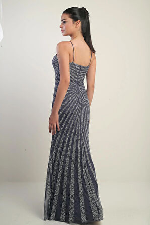 Kadın İp Askılı Flok Taş Baskılı Astarlı Tül Uzun Elbise