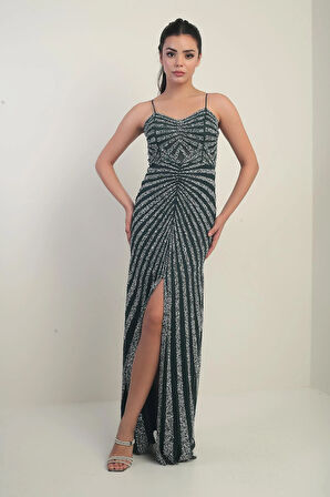 Kadın İp Askılı Flok Taş Baskılı Astarlı Tül Uzun Elbise