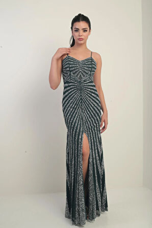 Kadın İp Askılı Flok Taş Baskılı Astarlı Tül Uzun Elbise