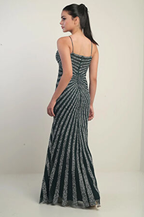 Kadın İp Askılı Flok Taş Baskılı Astarlı Tül Uzun Elbise