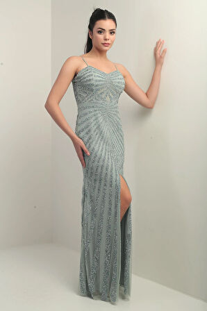 Kadın İp Askılı Flok Taş Baskılı Astarlı Tül Uzun Elbise