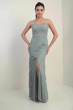 Kadın İp Askılı Flok Taş Baskılı Astarlı Tül Uzun Elbise