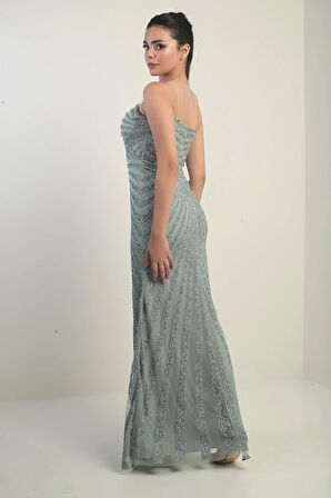 Kadın İp Askılı Flok Taş Baskılı Astarlı Tül Uzun Elbise