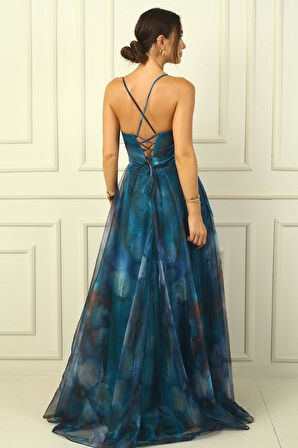 Kadın İp Askılı Arkası Bağcıklı Önü Drapeli Çiçekli Organze Uzun Elbise