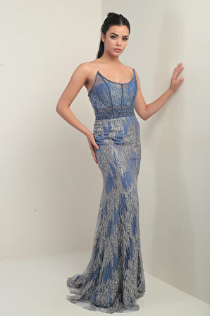 Kadın Boncuk-Taş Detaylı Astarlı Balenli Üstü Transparan Uzun Elbise