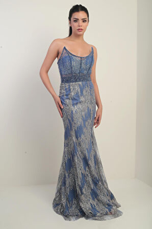 Kadın Boncuk-Taş Detaylı Astarlı Balenli Üstü Transparan Uzun Elbise