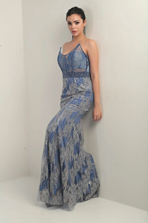 Kadın Boncuk-Taş Detaylı Astarlı Balenli Üstü Transparan Uzun Elbise