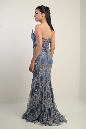 Kadın Boncuk-Taş Detaylı Astarlı Balenli Üstü Transparan Uzun Elbise