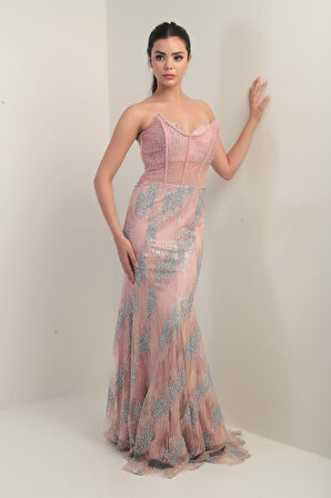 Kadın Boncuk-Taş Detaylı Astarlı Balenli Üstü Transparan Uzun Elbise