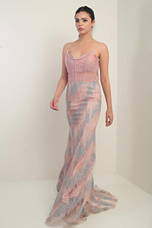 Kadın Boncuk-Taş Detaylı Astarlı Balenli Üstü Transparan Uzun Elbise