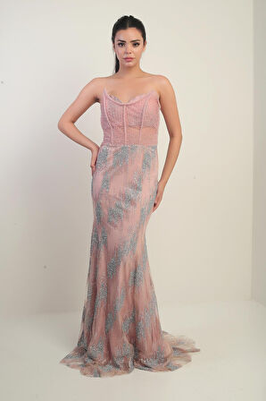 Kadın Boncuk-Taş Detaylı Astarlı Balenli Üstü Transparan Uzun Elbise