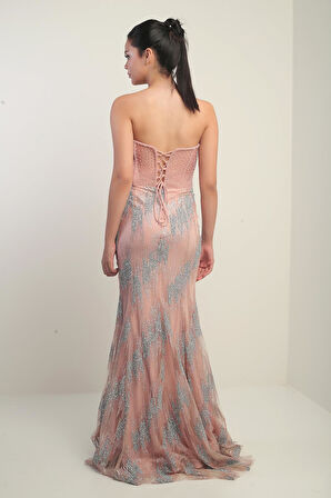 Kadın Boncuk-Taş Detaylı Astarlı Balenli Üstü Transparan Uzun Elbise