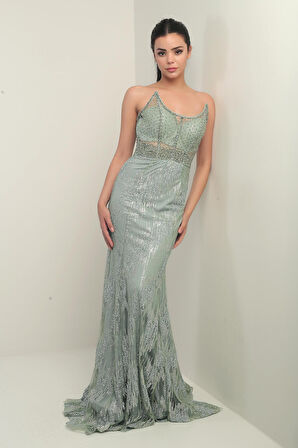 Kadın Boncuk-Taş Detaylı Astarlı Balenli Üstü Transparan Uzun Elbise