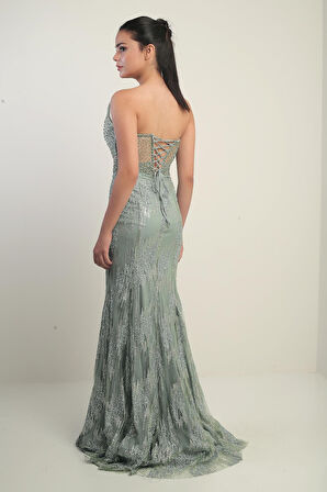 Kadın Boncuk-Taş Detaylı Astarlı Balenli Üstü Transparan Uzun Elbise