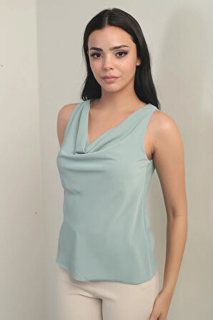 Kadın Degaje Yaka Kolsuz Krep Saten Bluz