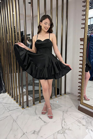 Kadın İp Askılı Arkadan Bağlamalı Balenli Eteği Katlı Astarlı Saten Kısa Elbise