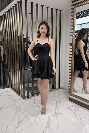 Kadın İp Askılı Arkadan Bağlamalı Balenli Eteği Katlı Astarlı Saten Kısa Elbise