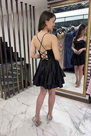 Kadın İp Askılı Arkadan Bağlamalı Balenli Eteği Katlı Astarlı Saten Kısa Elbise