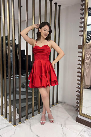 Kadın İp Askılı Arkadan Bağlamalı Balenli Eteği Katlı Astarlı Saten Kısa Elbise