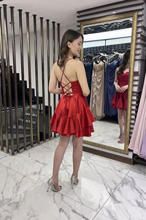 Kadın İp Askılı Arkadan Bağlamalı Balenli Eteği Katlı Astarlı Saten Kısa Elbise