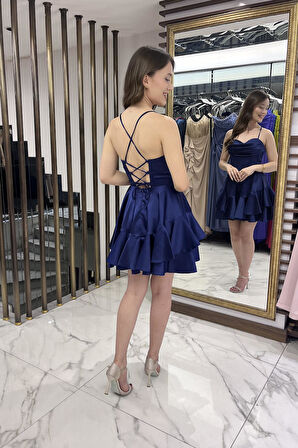 Kadın İp Askılı Arkadan Bağlamalı Balenli Eteği Katlı Astarlı Saten Kısa Elbise