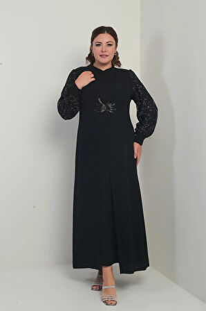 Kadın Kolu Ve Önü Pullu Büyük Beden Uzun Tesettür Elbise