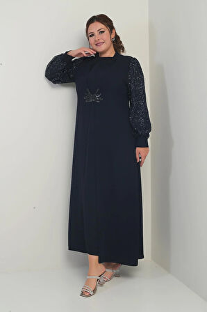 Kadın Kolu Ve Önü Pullu Büyük Beden Uzun Tesettür Elbise