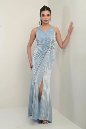 Kadın Kruvaze Yaka Omuzu Kalın Taş Detaylı Önü Taşlı Büzgülü Yırtmaçlı Uzun Abiye Elbise