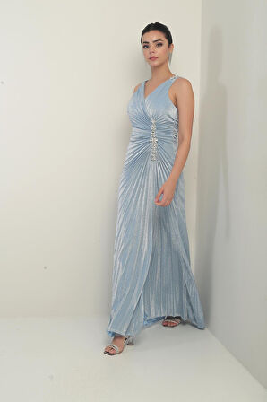 Kadın Kruvaze Yaka Omuzu Kalın Taş Detaylı Önü Taşlı Büzgülü Yırtmaçlı Uzun Abiye Elbise