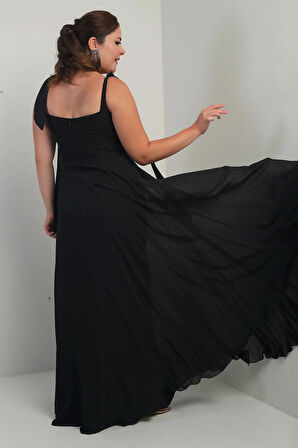 Kadın Degaje Yaka Omuz Bağlamalı Astarlı Büyük Beden Krep Şifon Uzun Elbise