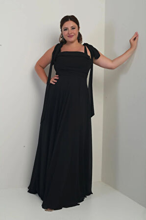 Kadın Degaje Yaka Omuz Bağlamalı Astarlı Büyük Beden Krep Şifon Uzun Elbise