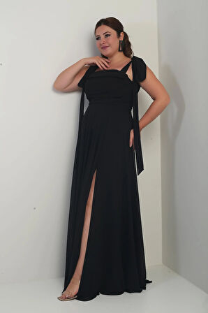 Kadın Degaje Yaka Omuz Bağlamalı Astarlı Büyük Beden Krep Şifon Uzun Elbise