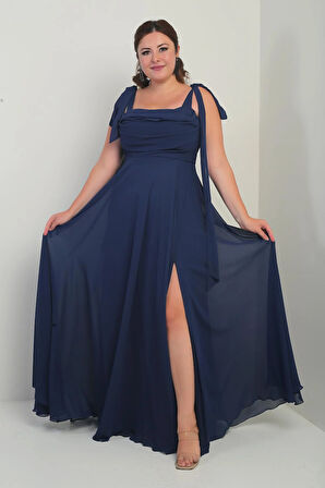 Kadın Degaje Yaka Omuz Bağlamalı Astarlı Büyük Beden Krep Şifon Uzun Elbise