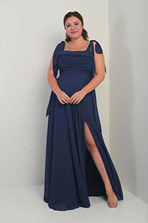 Kadın Degaje Yaka Omuz Bağlamalı Astarlı Büyük Beden Krep Şifon Uzun Elbise