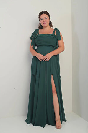 Kadın Degaje Yaka Omuz Bağlamalı Astarlı Büyük Beden Krep Şifon Uzun Elbise