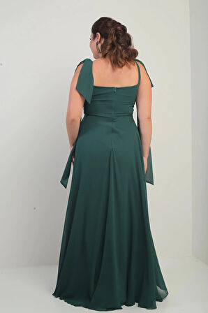 Kadın Degaje Yaka Omuz Bağlamalı Astarlı Büyük Beden Krep Şifon Uzun Elbise