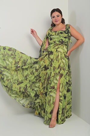 Kadın Degaje Yaka Omuz Bağlamalı Astarlı Yaprak Desenli Büyük Beden Krep Şifon Uzun Elbise