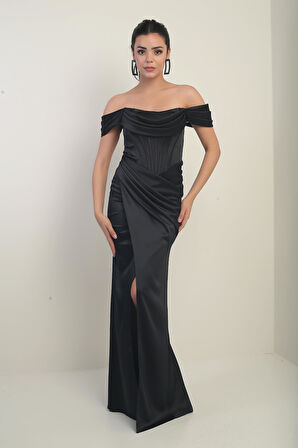 Kadın Straplez Düşük Kollu Astarlı Balenli Saten Uzun Elbise