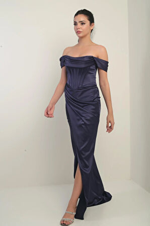 Kadın Straplez Düşük Kollu Astarlı Balenli Saten Uzun Elbise