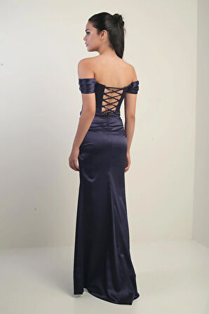 Kadın Straplez Düşük Kollu Astarlı Balenli Saten Uzun Elbise